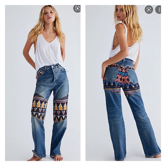Free People Denim - NEW FREE PEOPLE Revolve Rocky Mountain Patchwork Straight Leg Jeans Size 29